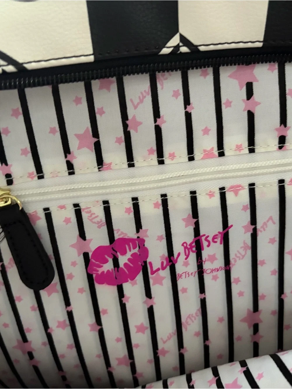 Betsey Johnson Black & White Striped Heart Backpack with Red Heart Accent